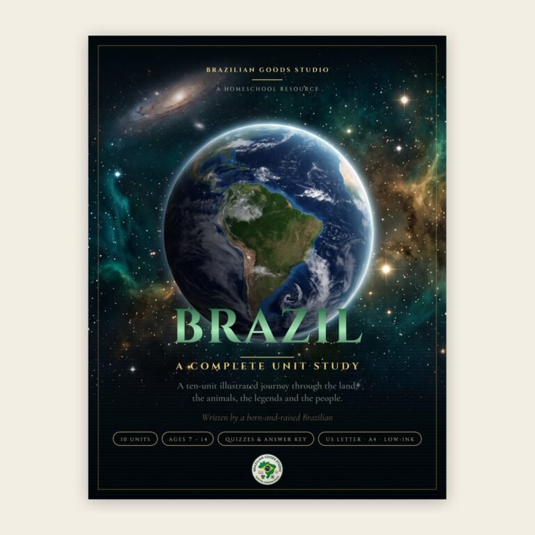 Cover of the Brazil Unit Study: Earth seen from space with South America facing the viewer, the title BRAZIL, and badges reading 10 units, ages 7 to 14, quizzes and answer key.