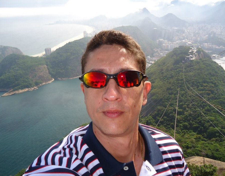 Luciano Moreira, founder of Brazilian Goods Studio, photographed above Copacabana beach in Rio de Janeiro