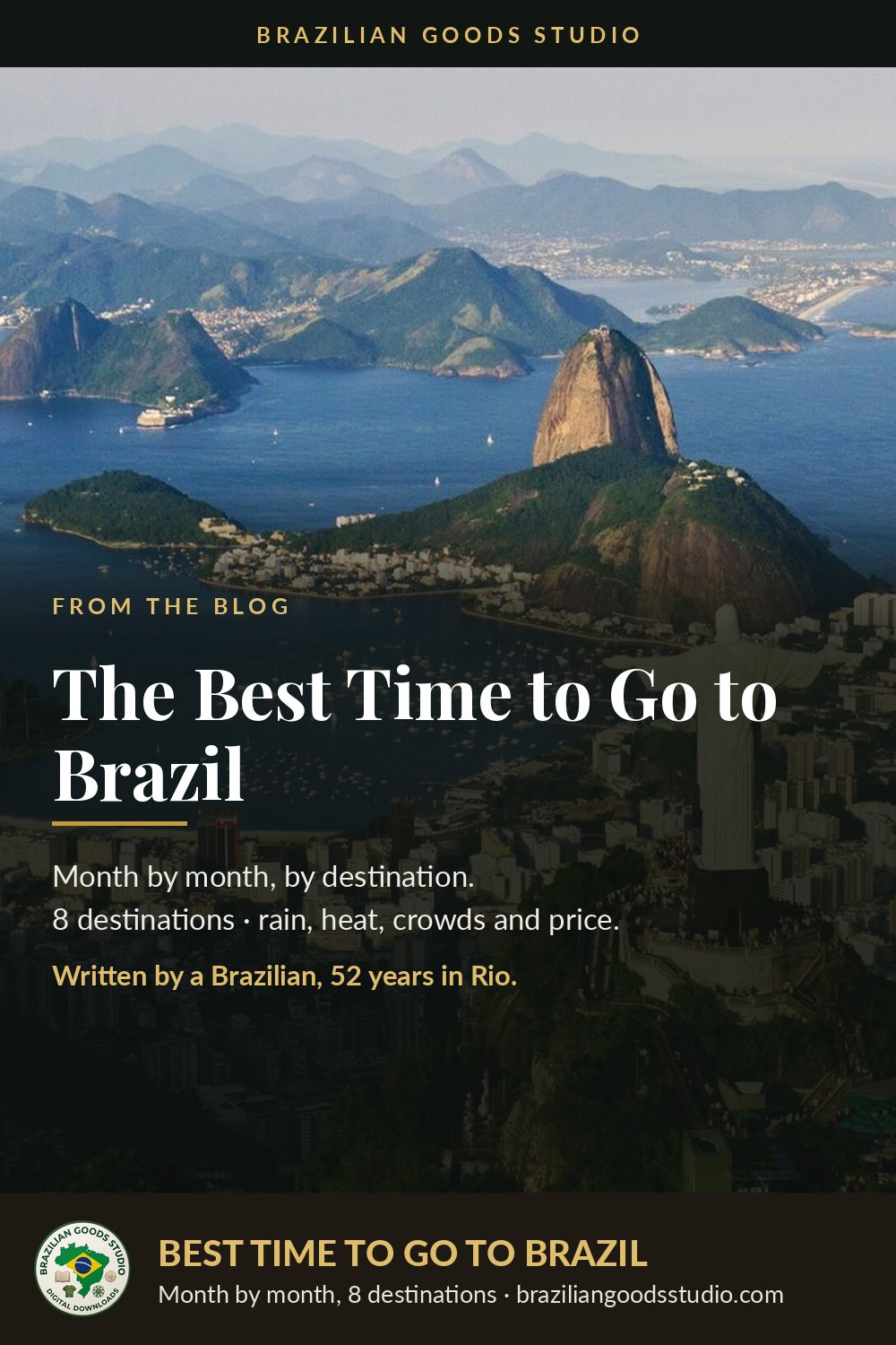 Rio de Janeiro seen from Corcovado, with the headline The Best Time to Go to Brazil and the Brazilian Goods Studio footer bar