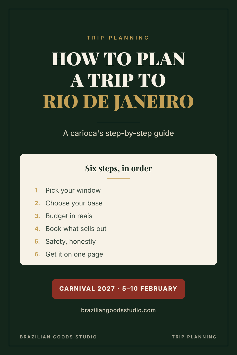 Rio de Janeiro trip planning guide cover in dark green and gold with six planning steps