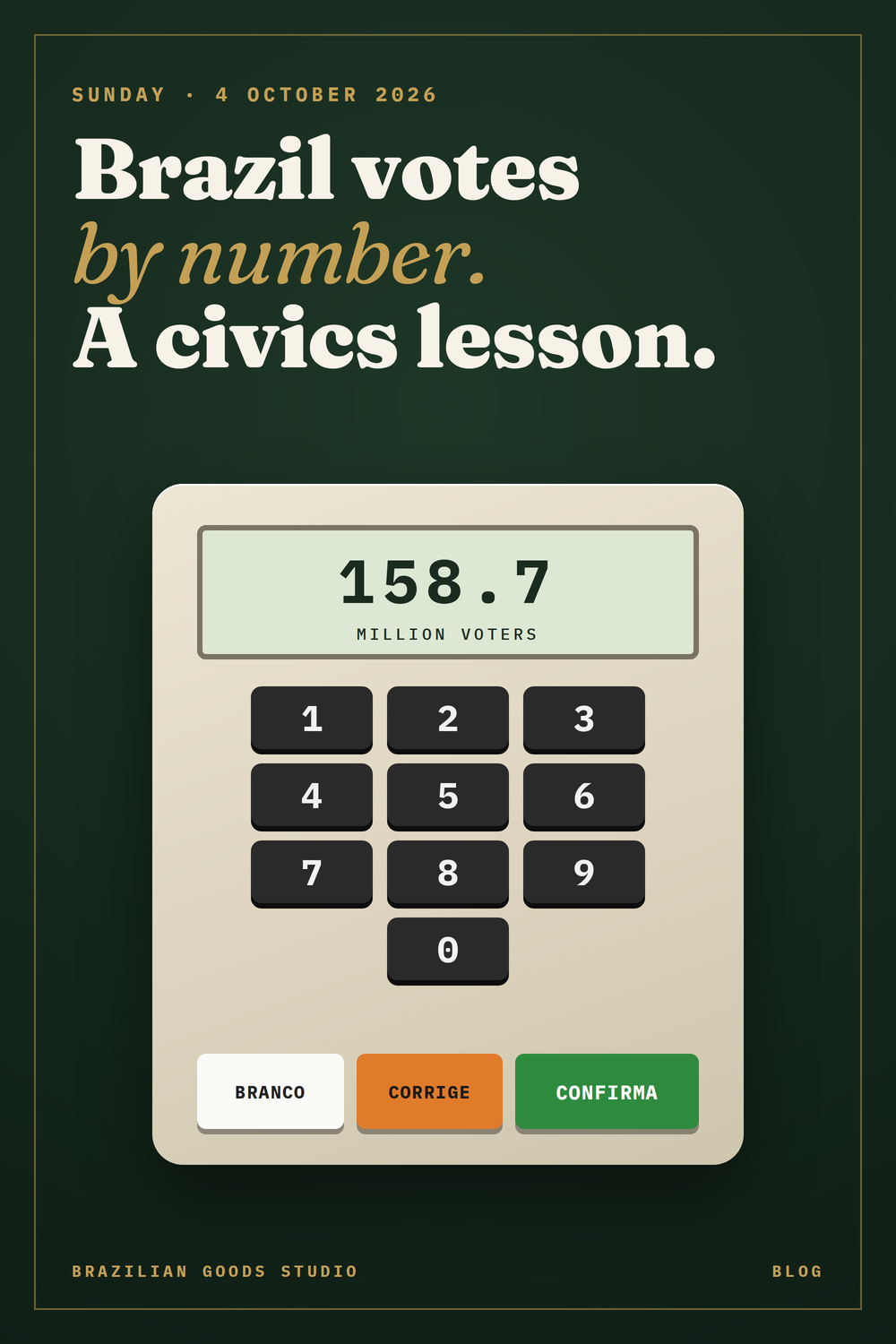 Illustration of a Brazilian electronic voting machine keypad with the words Brazil votes by number, a civics lesson