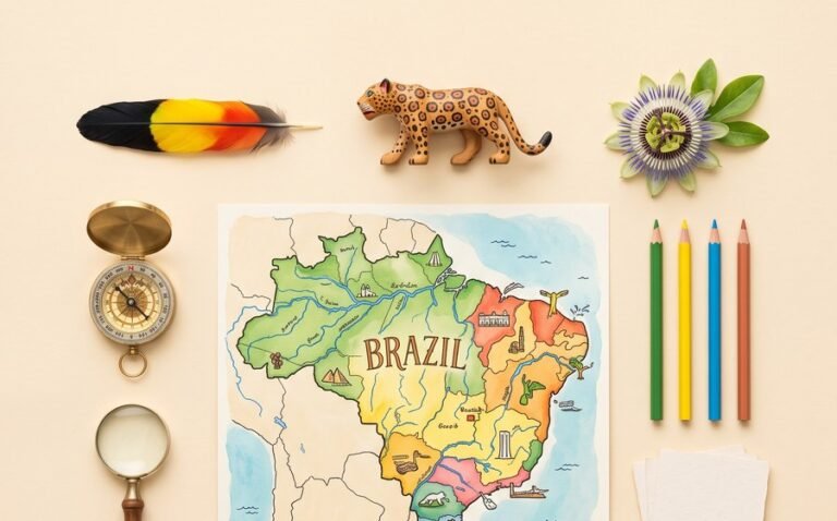 Hand-drawn map of Brazil with a compass, coloured pencils and a magnifying glass