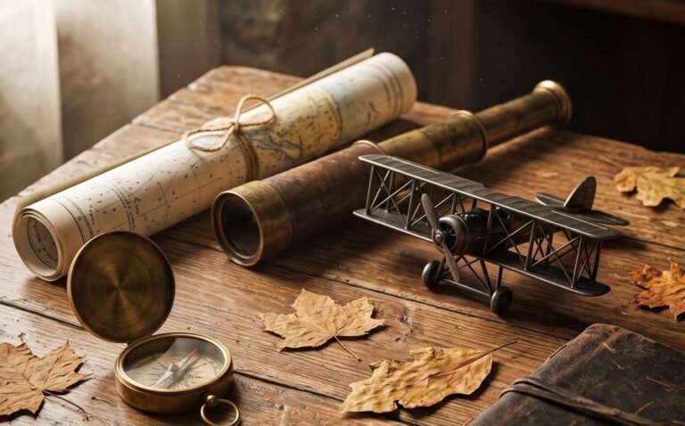 Rolled charts, a brass compass and a leather notebook on a wooden desk